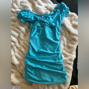 Lucy in the Sky Ruffled Off the Shoulder Dress- Teal